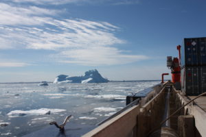 Sea ice and ice bergs on a sunny day somewhere in northern Baffin Bay. (Credit: Lina Madaj)
