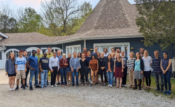 Group picture of 33 participants of the ArcTrain Annual Meeting, standing in front of the main building at Jouvence.