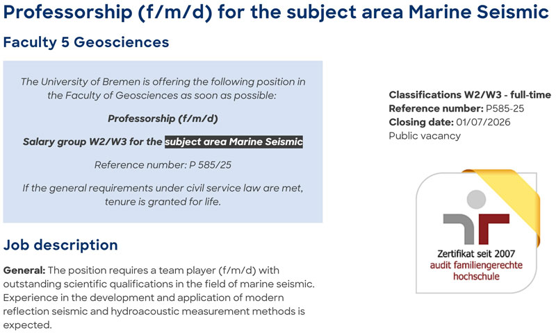 Stellenausschreibung: Professur W2/W3 Marine Seismik – Universität Bremen Stellenausschreibung: Professur W2/W3 Marine Seismik – Universität Bremen